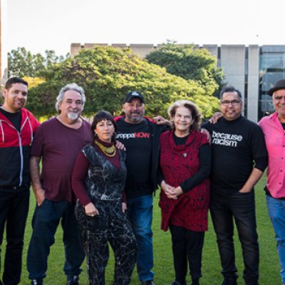 Tony Albert, Laurie Nilsen, Megan Cope, Gordon Hookey, Jennifer Herd, Vernon Ah Kee, and Richard Bell. Photo: Lewis James Media, 2019.
